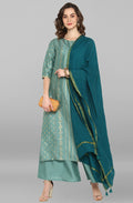 Janasya Women's Light Green Poly Silk Floral Print Kurta With Palazzo And Dupatta - Distacart