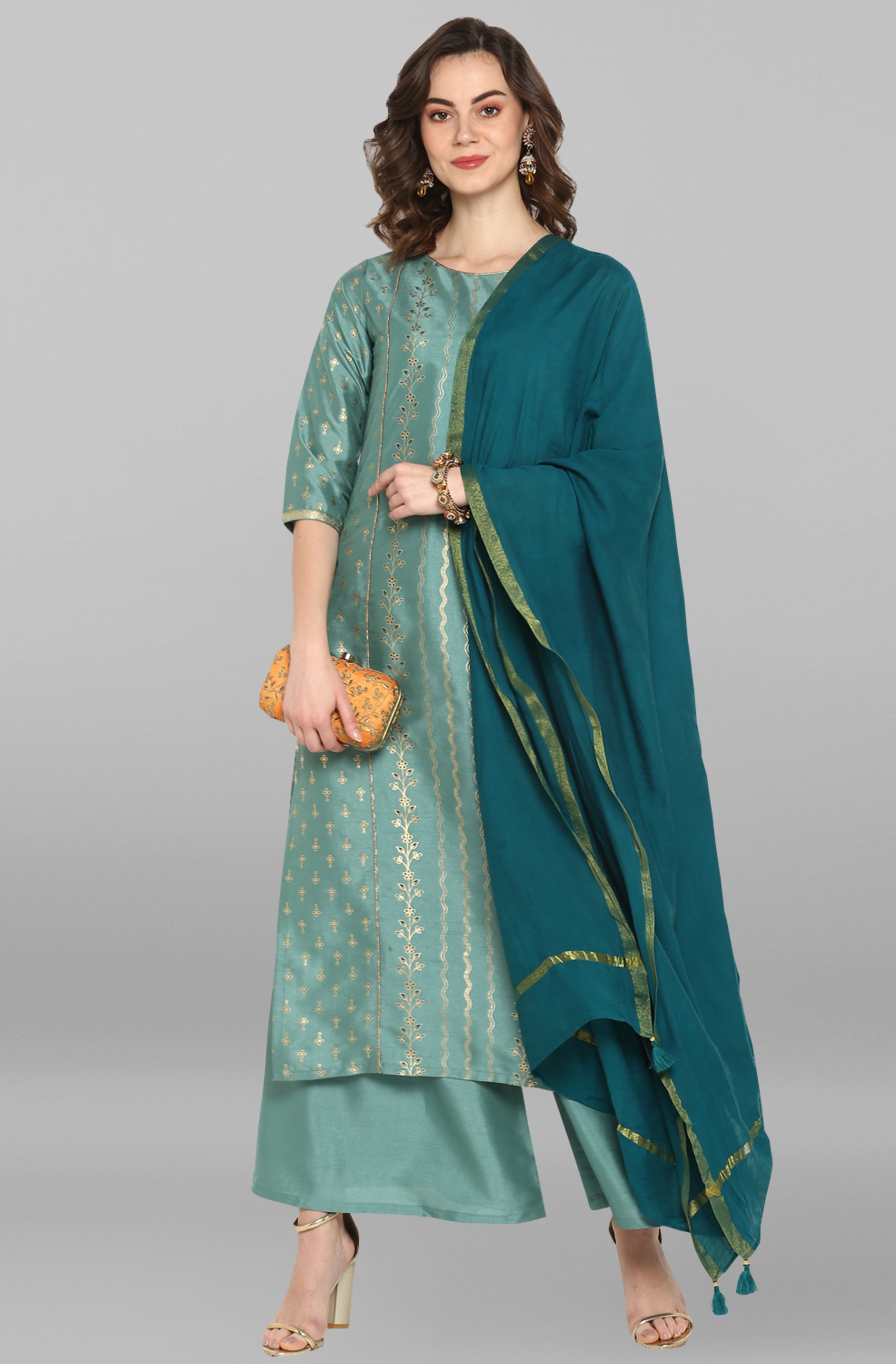 Janasya Women's Light Green Poly Silk Floral Print Kurta With Palazzo And Dupatta - Distacart