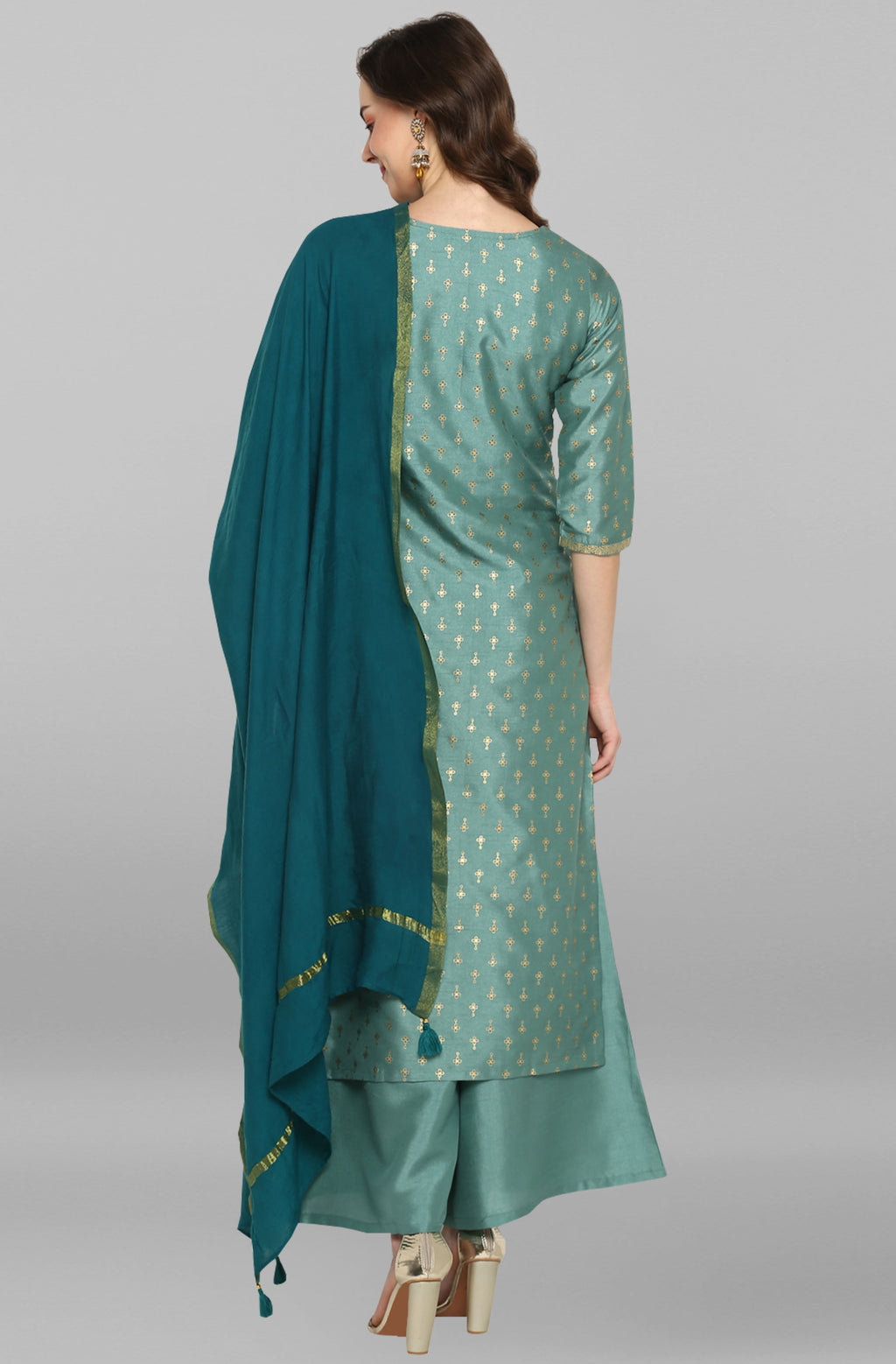 Janasya Women's Light Green Poly Silk Floral Print Kurta With Palazzo And Dupatta - Distacart