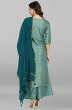 Janasya Women's Light Green Poly Silk Floral Print Kurta With Palazzo And Dupatta - Distacart