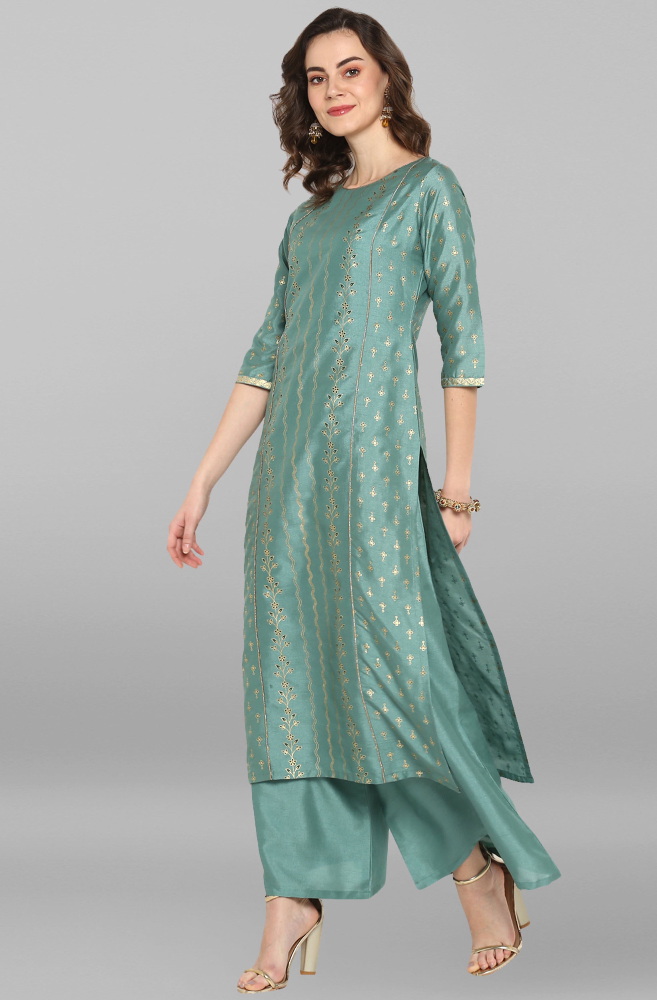 Janasya Women's Light Green Poly Silk Floral Print Kurta With Palazzo And Dupatta - Distacart