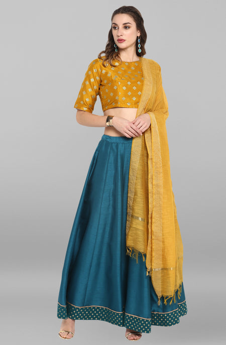 Janasya Women's Mustard Poly Silk Gold Print Lehenga Choli With Dupatta