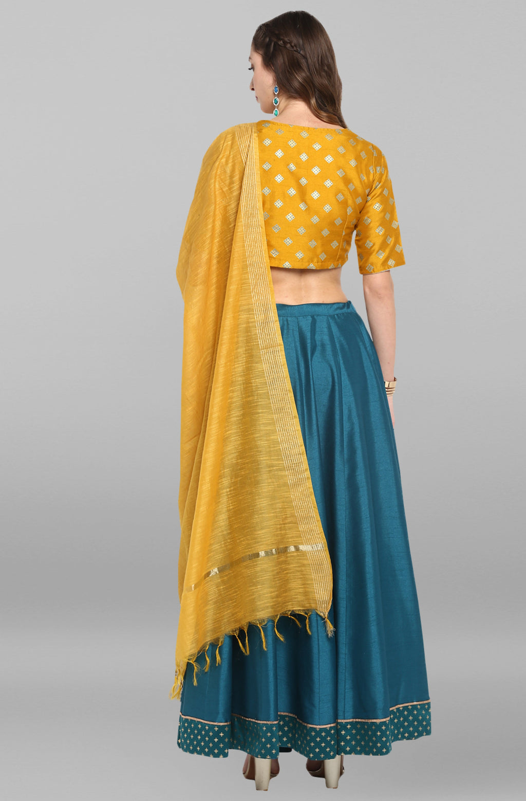 Janasya Women's Mustard Poly Silk Gold Print Lehenga Choli With Dupatta - Distacart