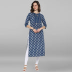Janasya Blue Cotton Block Print Straight kurta
