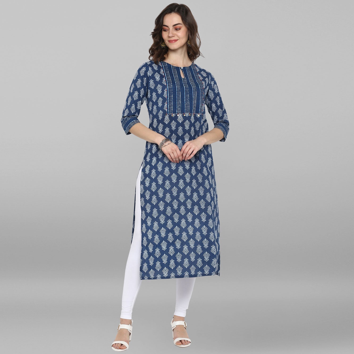 Janasya Blue Cotton Block Print Straight kurta