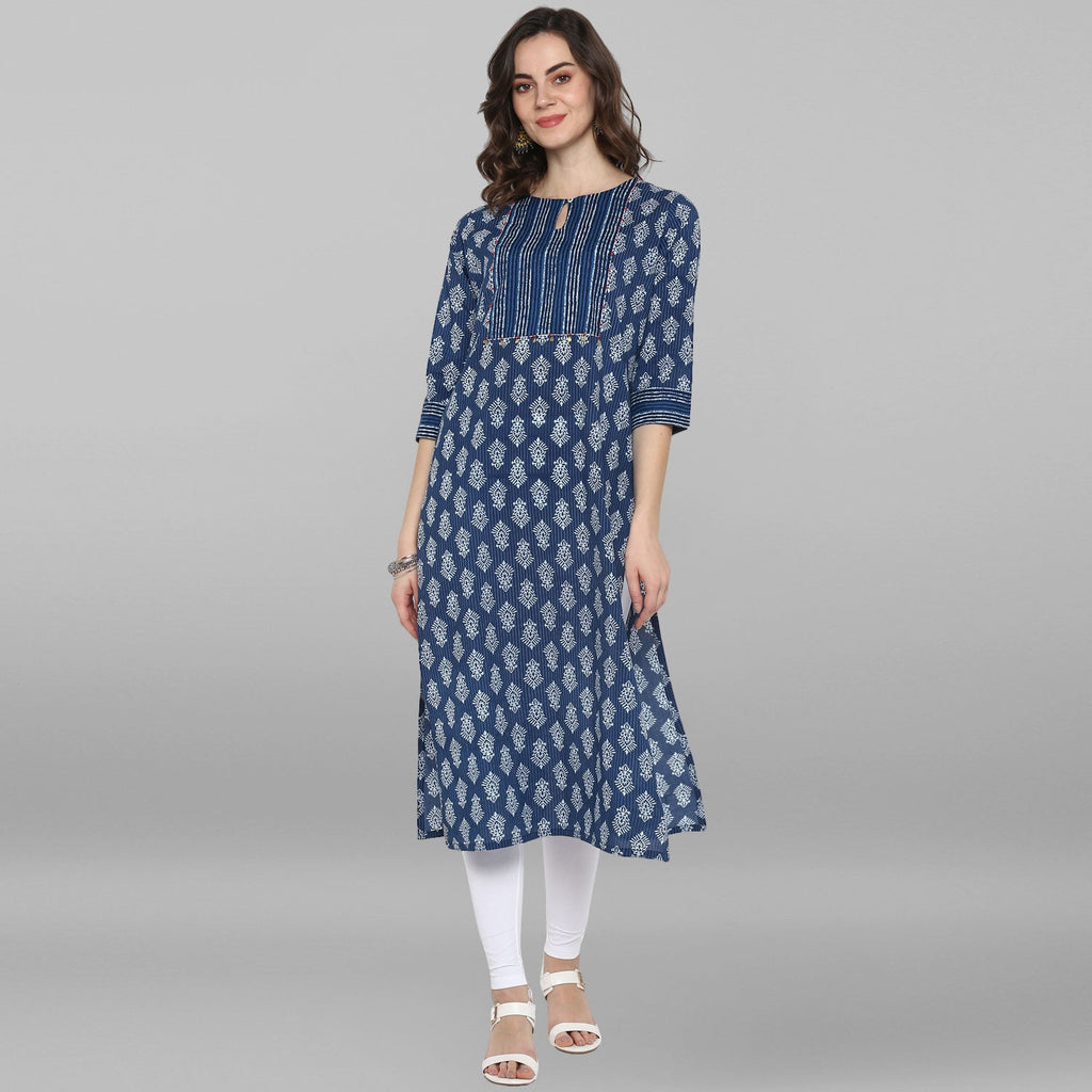 Janasya Blue Cotton Block Print Straight kurta