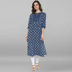 Janasya Blue Cotton Block Print Straight kurta