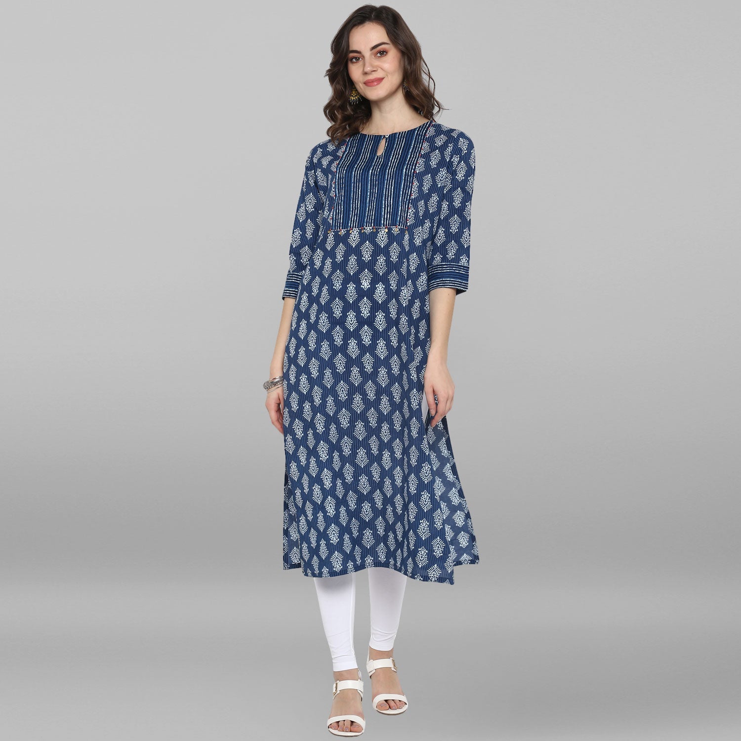 Janasya Blue Cotton Block Print Straight kurta