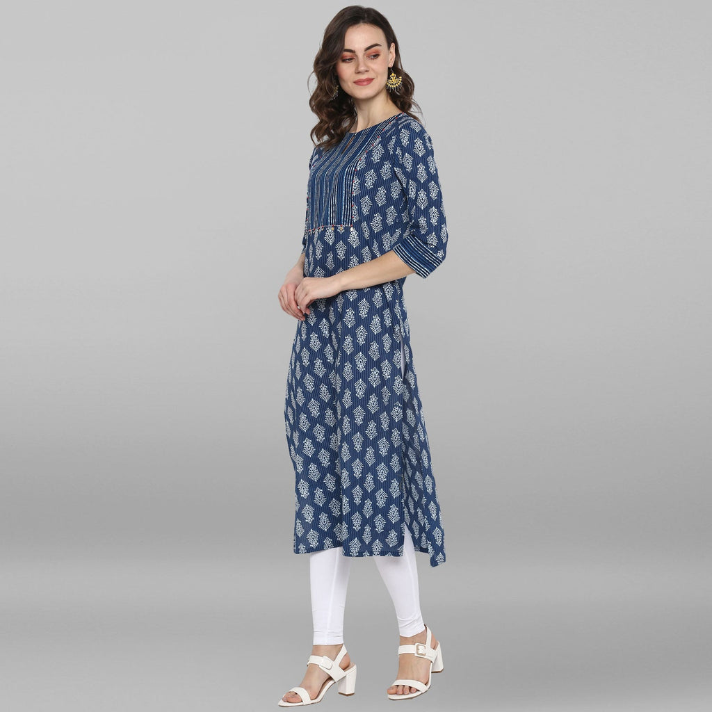 Janasya Blue Cotton Block Print Straight kurta
