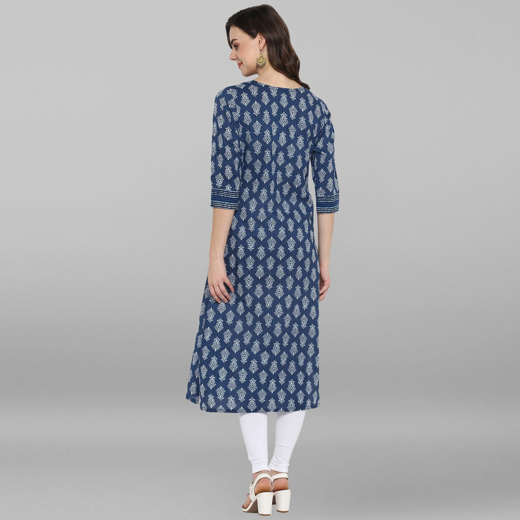 Janasya Blue Cotton Block Print Straight kurta