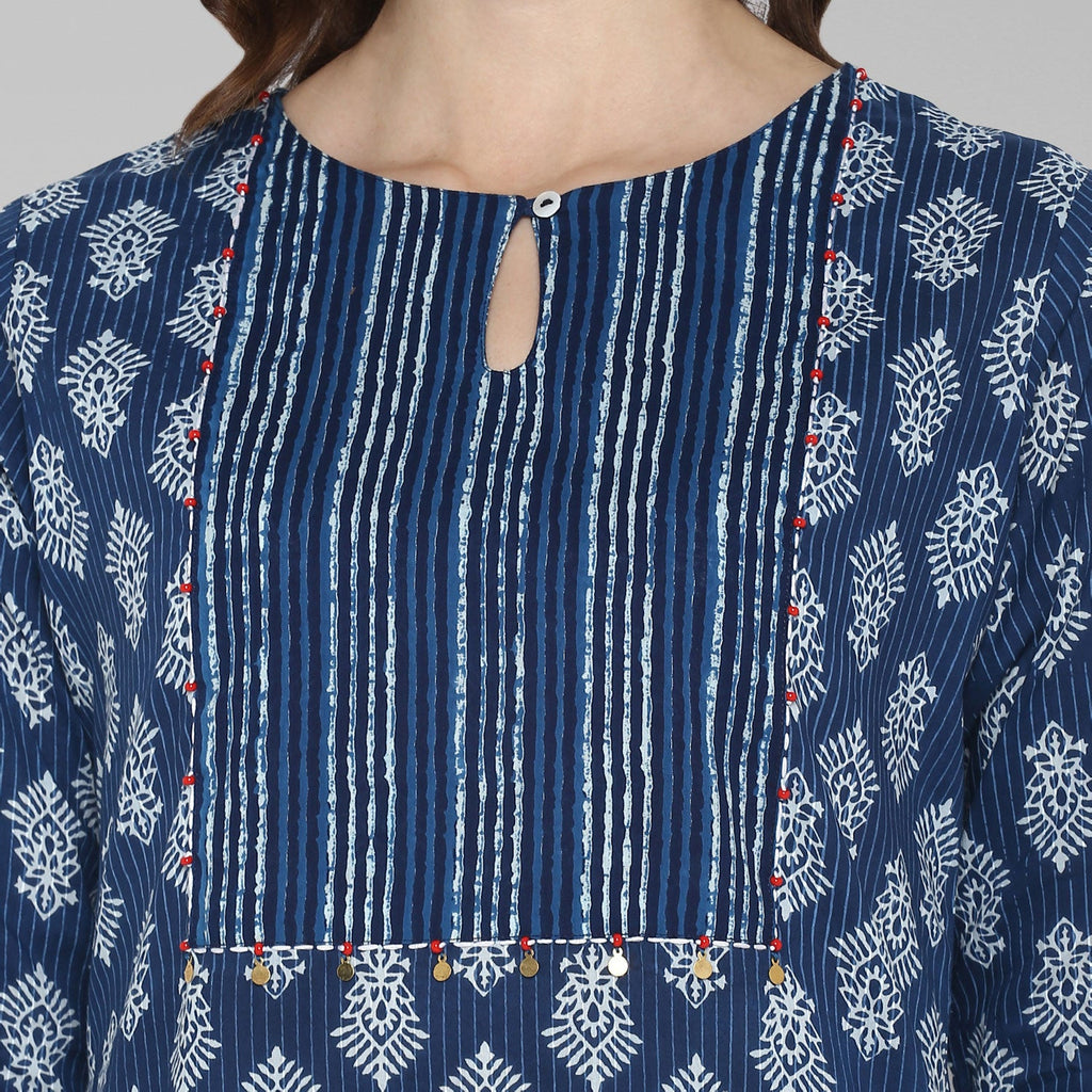 Janasya Blue Cotton Block Print Straight kurta