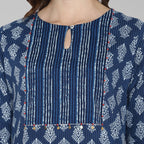 Janasya Blue Cotton Block Print Straight kurta