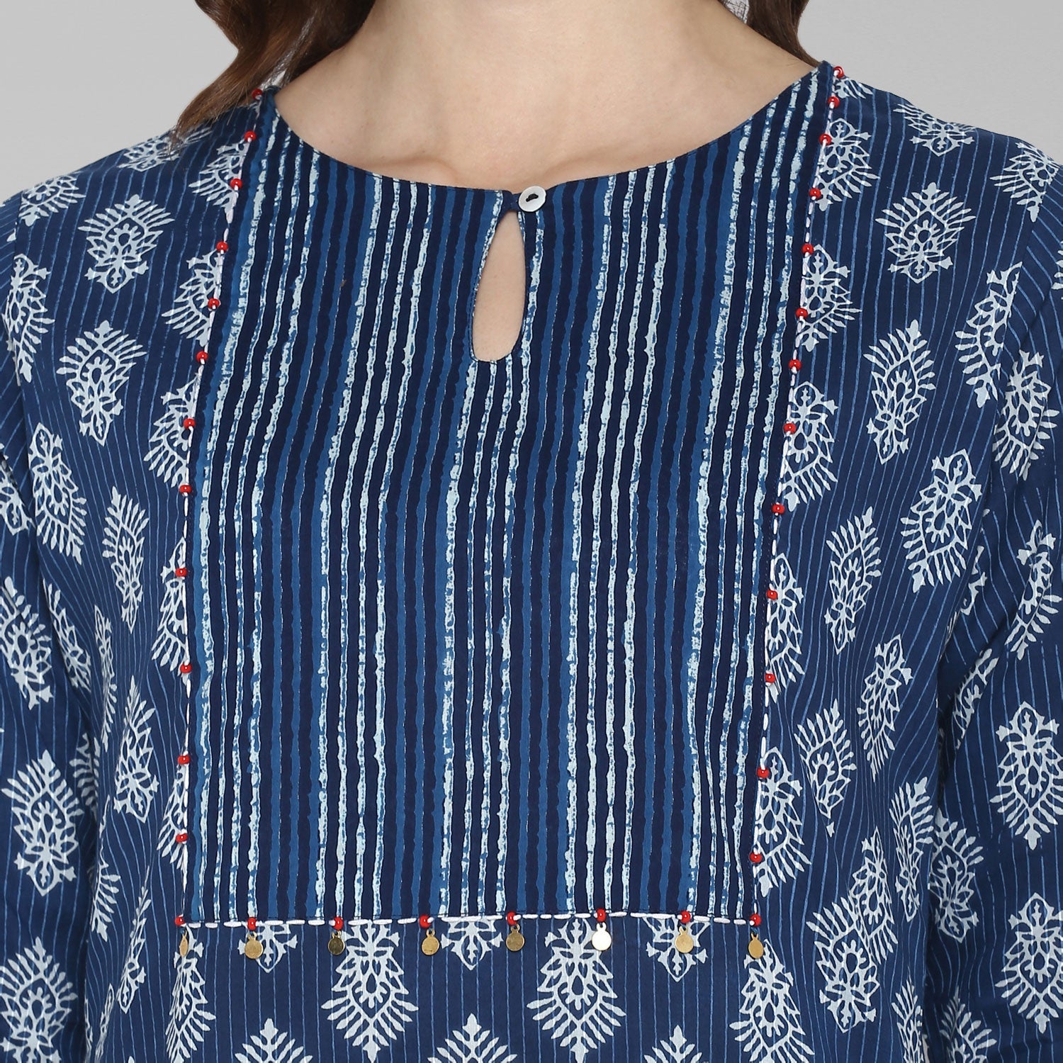 Janasya Blue Cotton Block Print Straight kurta