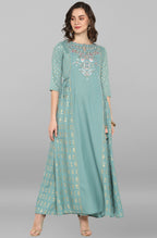 Janasya Women's Green Rayon Embroidered Flared Ethnic Dress - Distacart