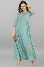 Janasya Women's Green Rayon Embroidered Flared Ethnic Dress - Distacart