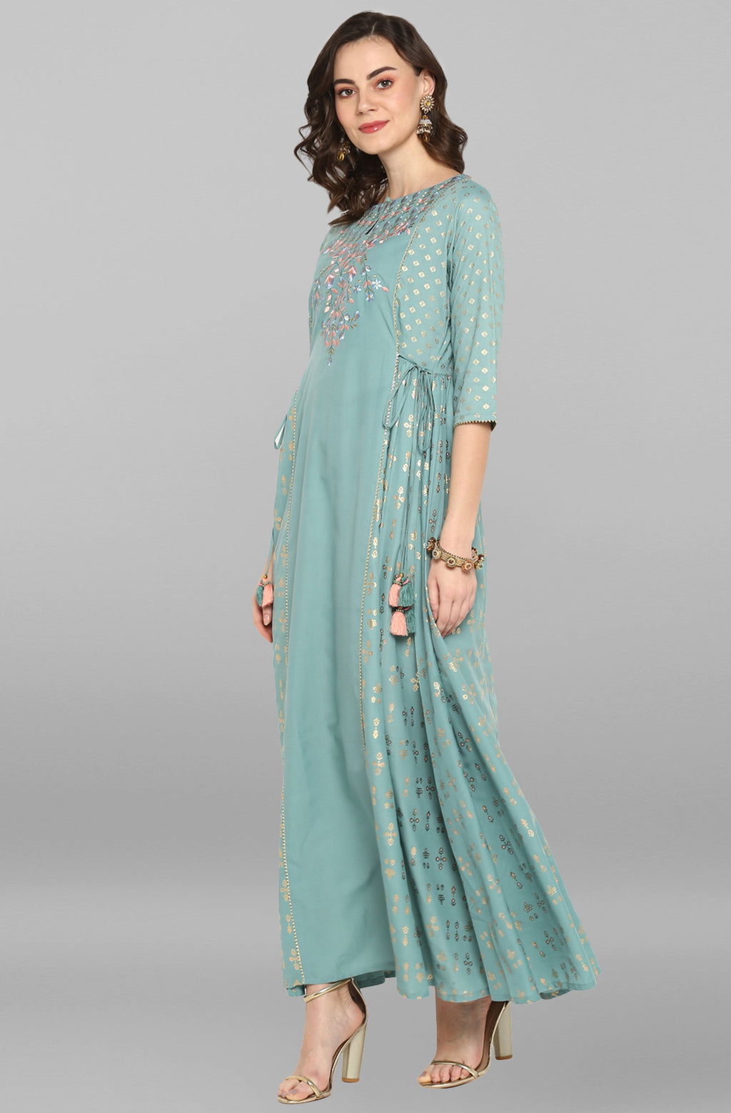 Janasya Women's Green Rayon Embroidered Flared Ethnic Dress - Distacart