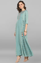 Janasya Women's Green Rayon Embroidered Flared Ethnic Dress - Distacart