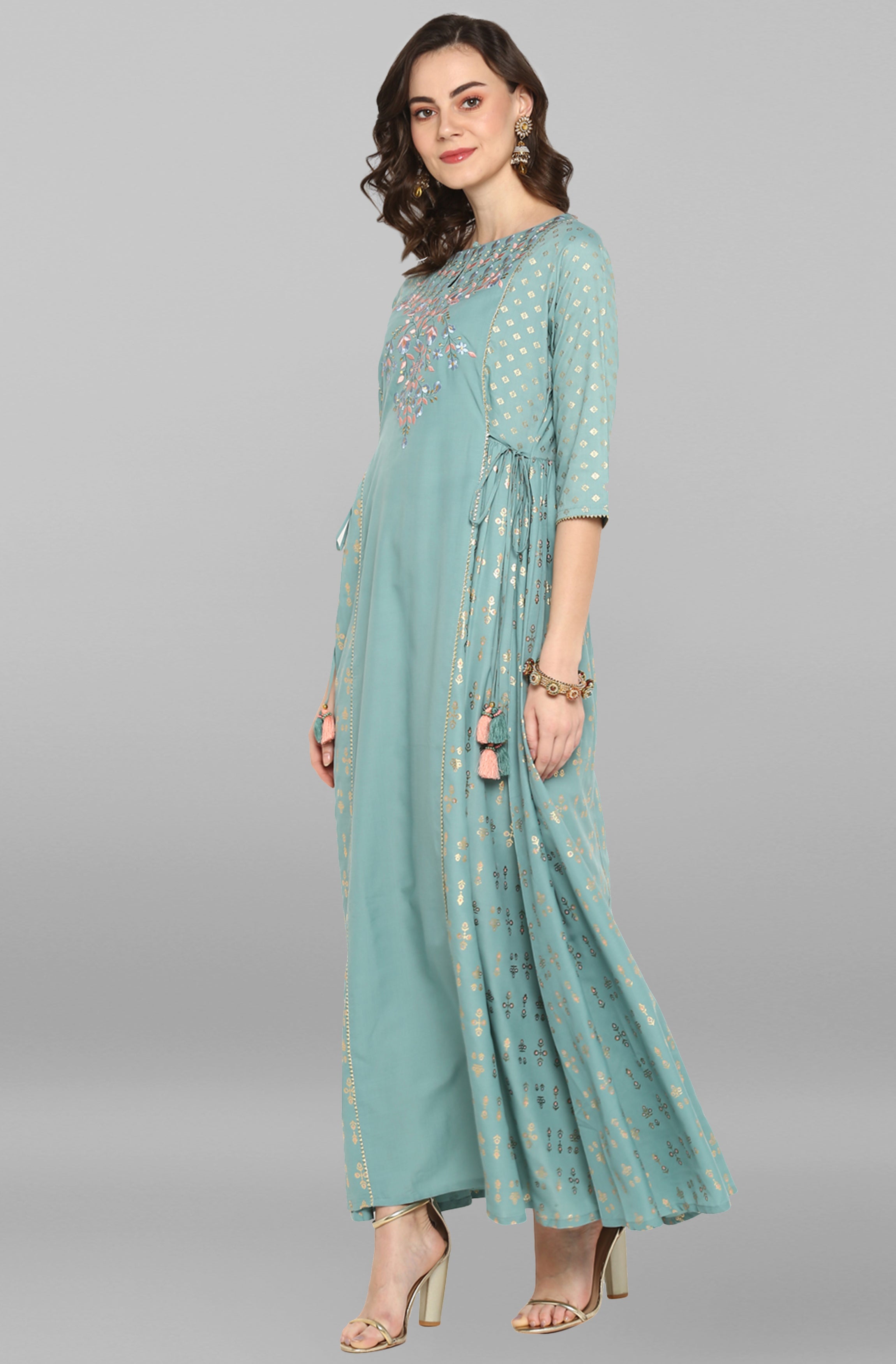 Janasya Women's Green Rayon Embroidered Flared Ethnic Dress - Distacart