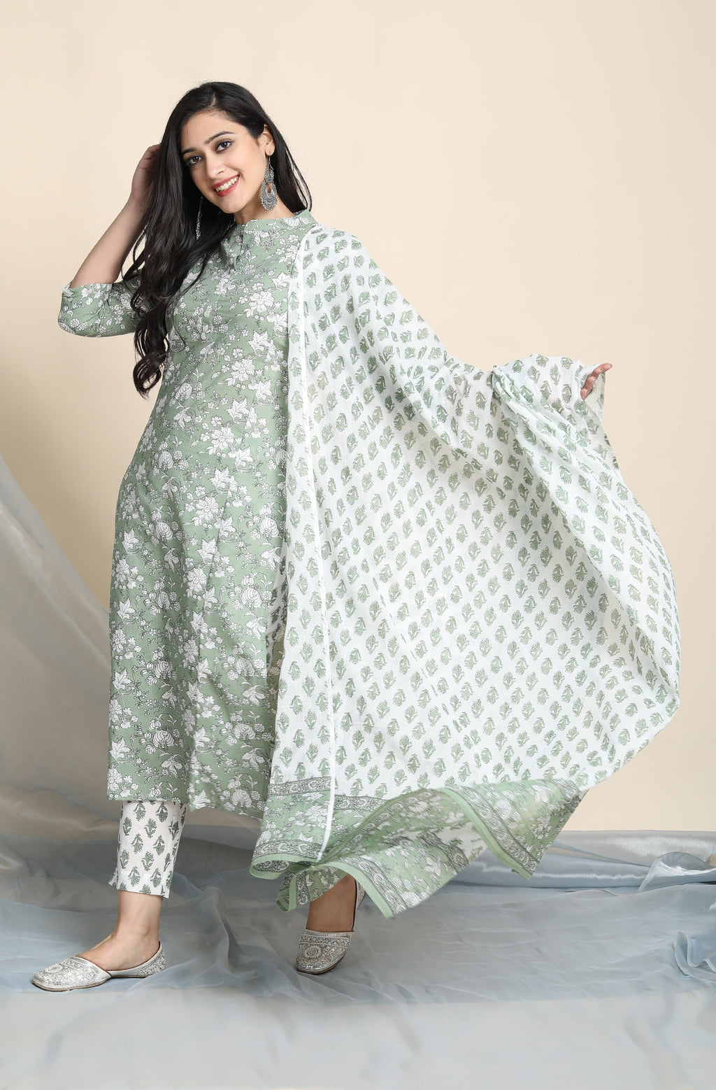 Janasya Women's Light Green Cotton Floral Print Kurta With Pant And Dupatta - Distacart