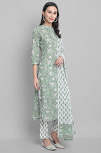 Janasya Women's Light Green Cotton Floral Print Kurta With Pant And Dupatta - Distacart