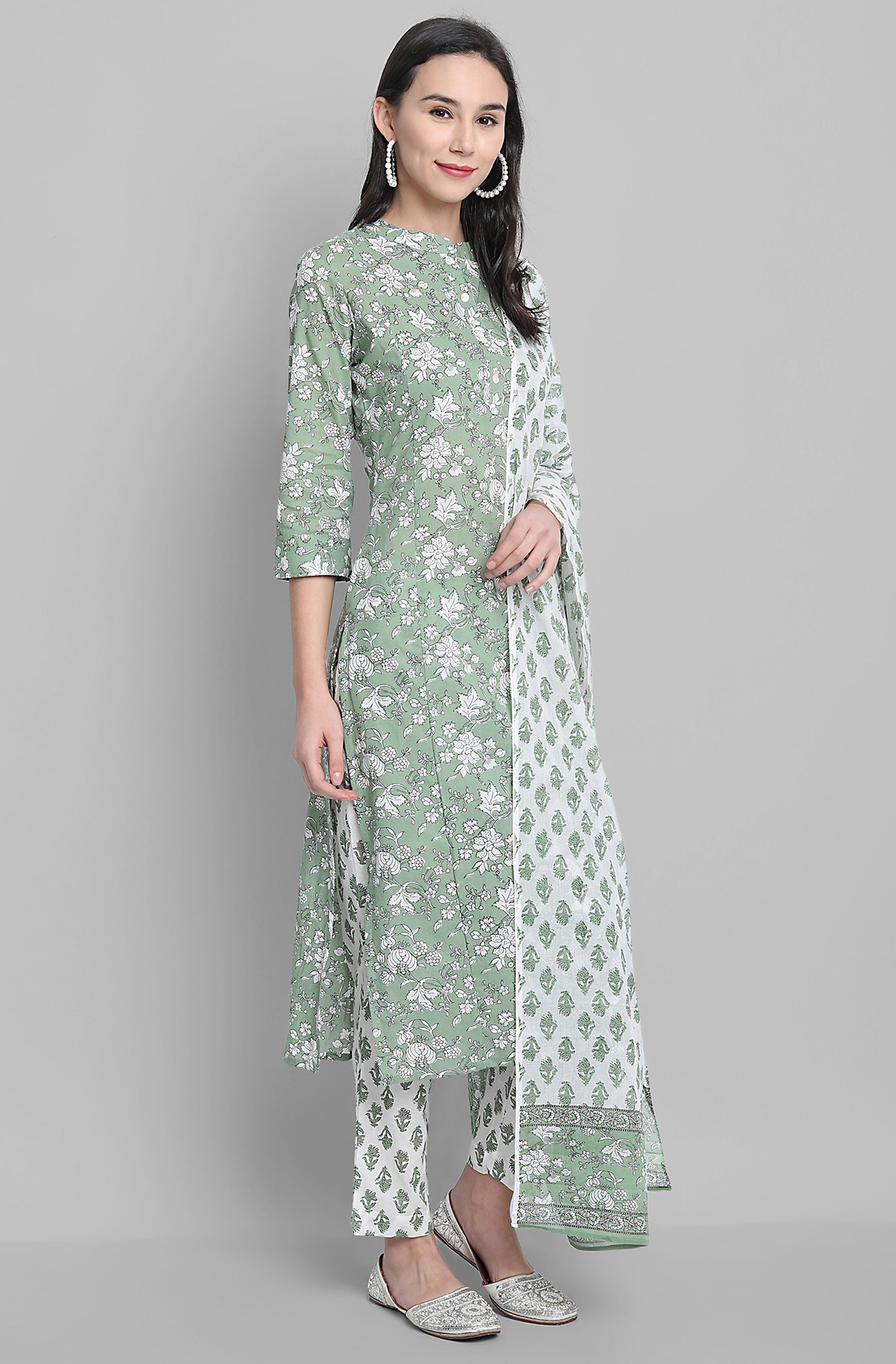 Janasya Women's Light Green Cotton Floral Print Kurta With Pant And Dupatta - Distacart