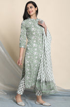 Janasya Women's Light Green Cotton Floral Print Kurta With Pant And Dupatta - Distacart