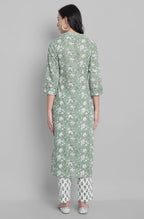 Janasya Women's Light Green Cotton Floral Print Kurta With Pant And Dupatta - Distacart