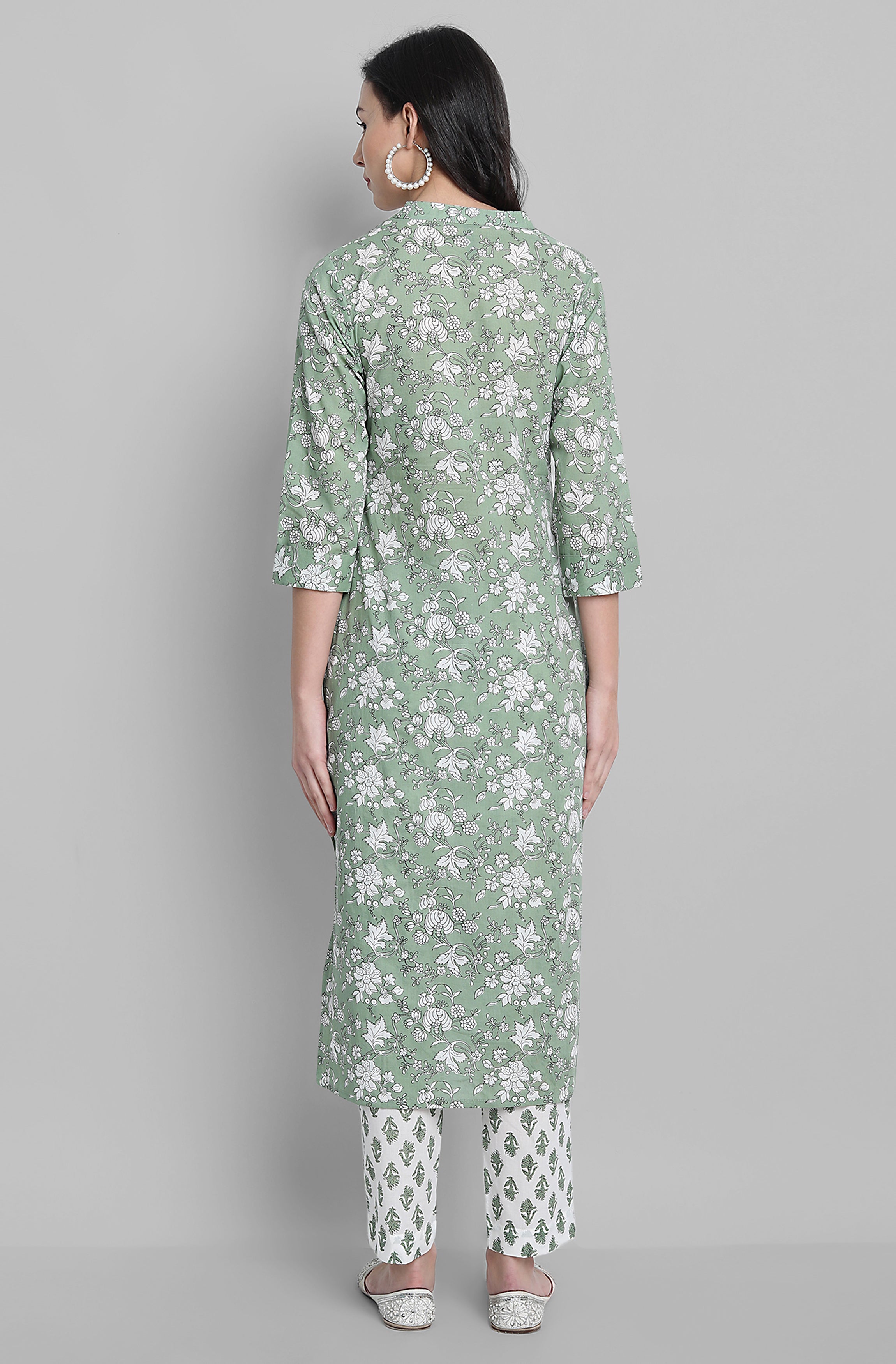 Janasya Women's Light Green Cotton Floral Print Kurta With Pant And Dupatta - Distacart