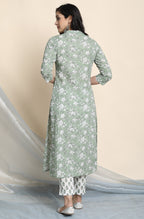 Janasya Women's Light Green Cotton Floral Print Kurta With Pant And Dupatta - Distacart