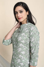 Janasya Women's Light Green Cotton Floral Print Kurta With Pant And Dupatta - Distacart