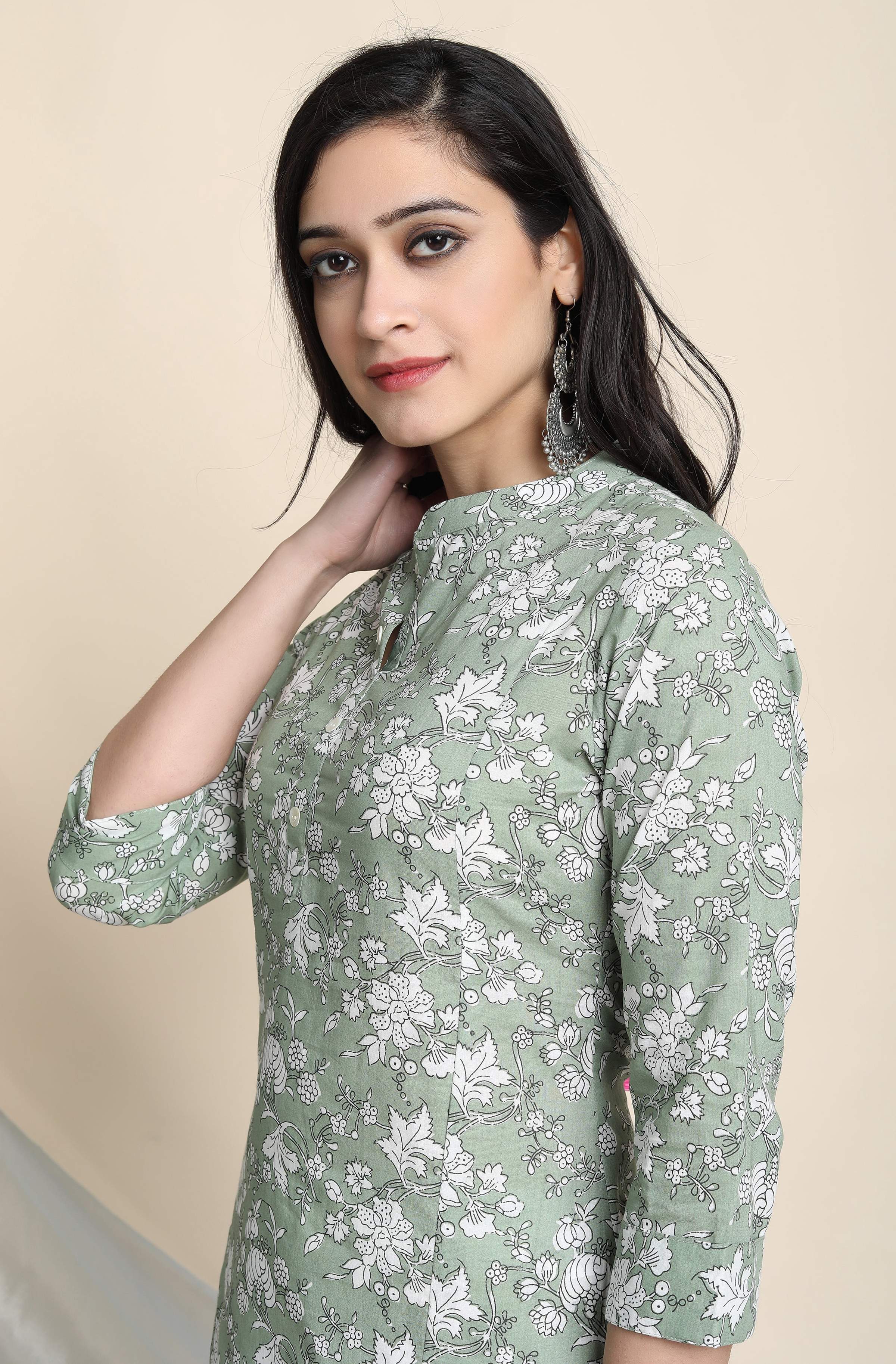 Janasya Women's Light Green Cotton Floral Print Kurta With Pant And Dupatta - Distacart
