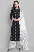 Janasya Women's Black Cotton Block Print Kurta With Palazzo And Dupatta - Distacart