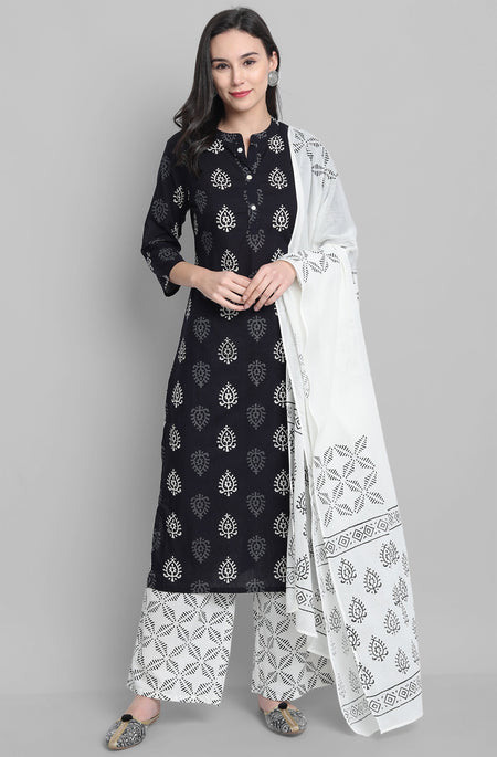 Janasya Women's Black Cotton Block Print Kurta With Palazzo And Dupatta