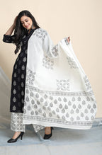 Janasya Women's Black Cotton Block Print Kurta With Palazzo And Dupatta - Distacart
