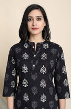 Janasya Women's Black Cotton Block Print Kurta With Palazzo And Dupatta - Distacart