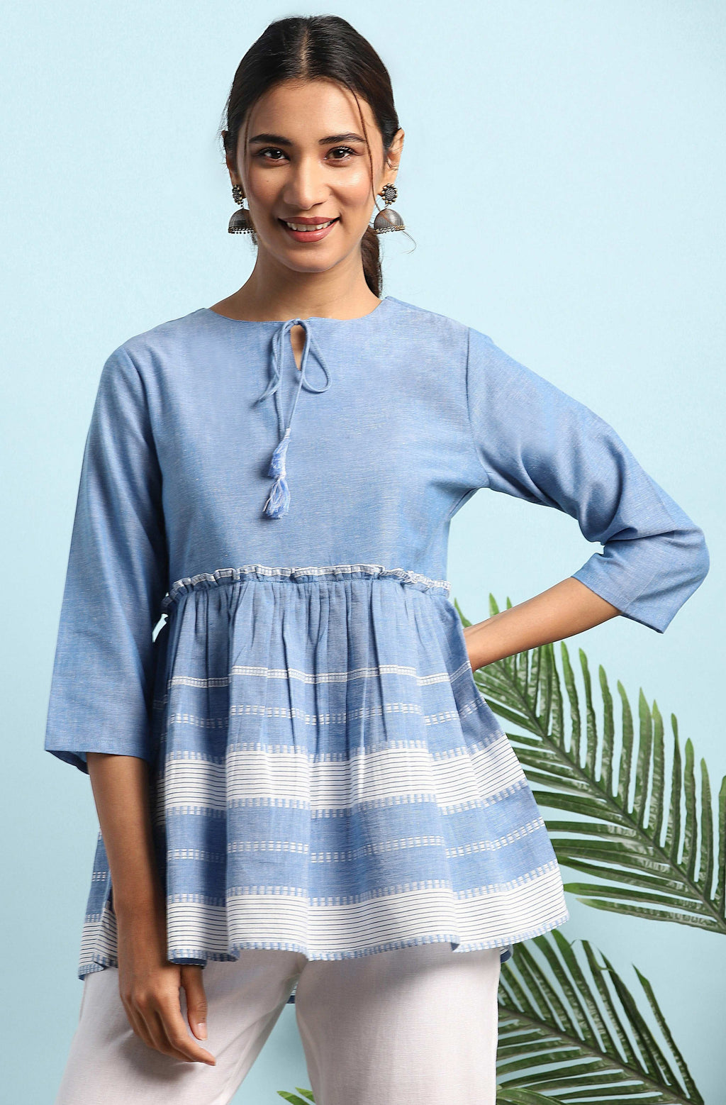 Janasya Women's Blue Cotton Striped Empire Top - Distacart