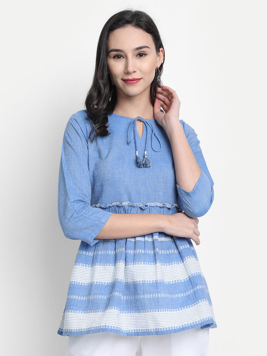 Janasya Women's Blue Cotton Striped Empire Top - Distacart
