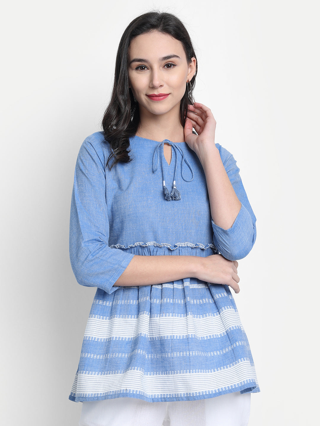 Janasya Women's Blue Cotton Striped Empire Top - Distacart