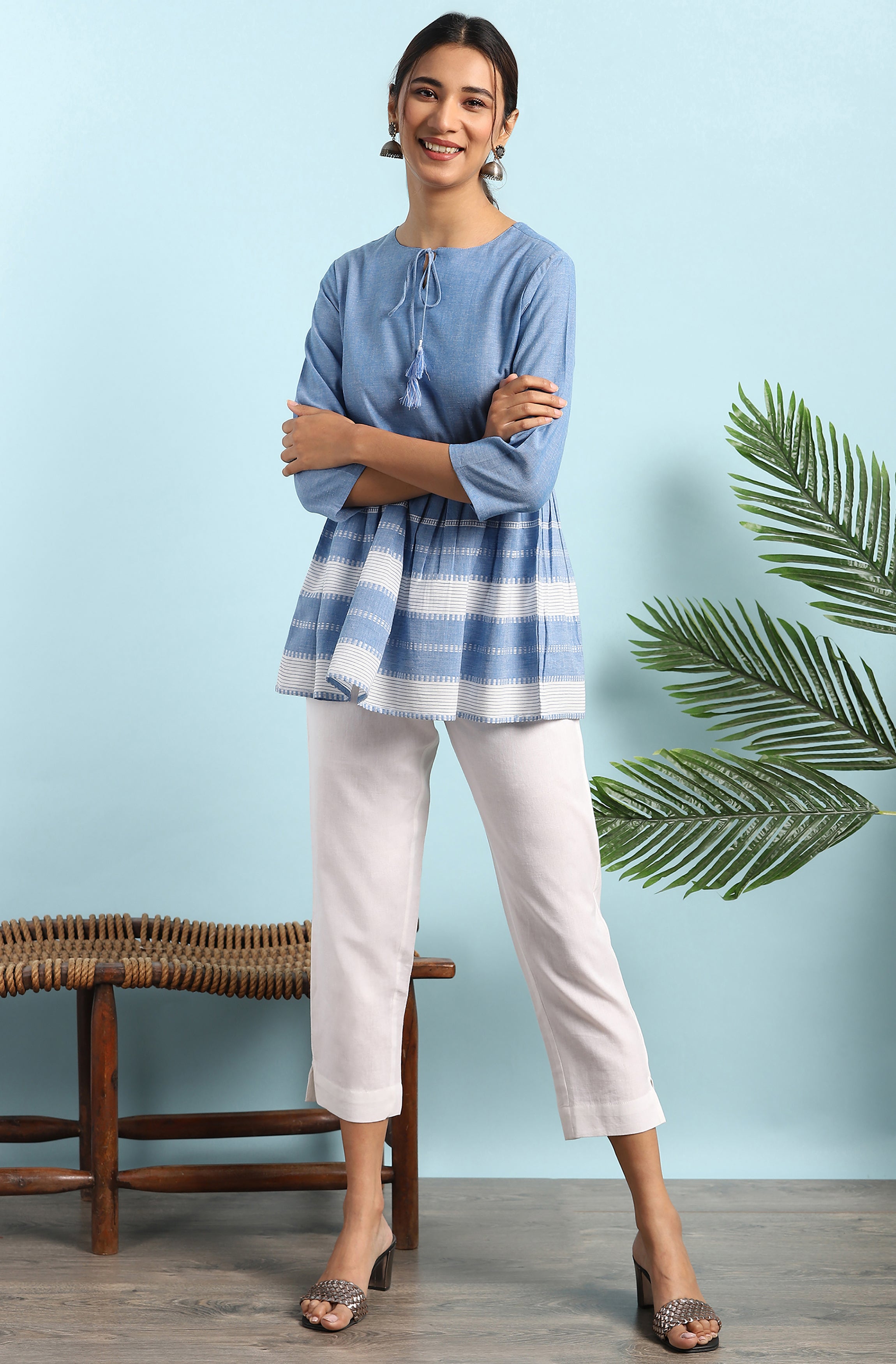 Janasya Women's Blue Cotton Striped Empire Top - Distacart