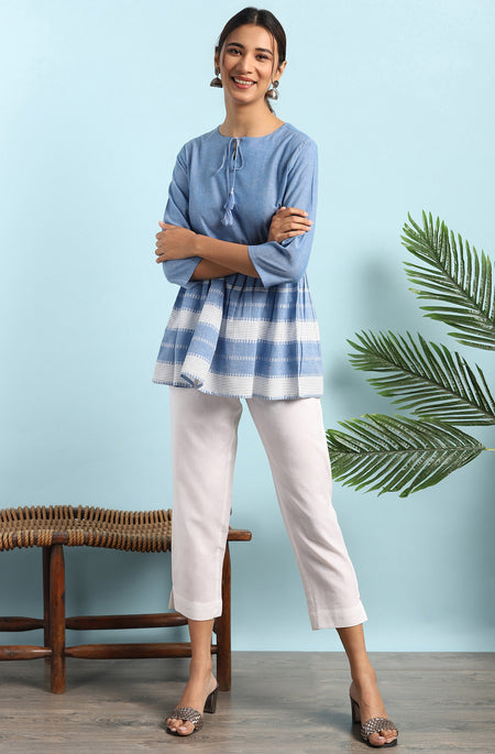 Janasya Women's Blue Cotton Striped Empire Top