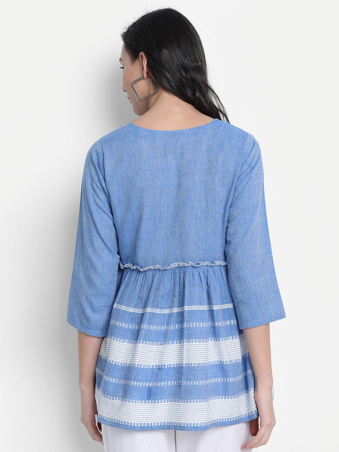 Janasya Women's Blue Cotton Striped Empire Top - Distacart
