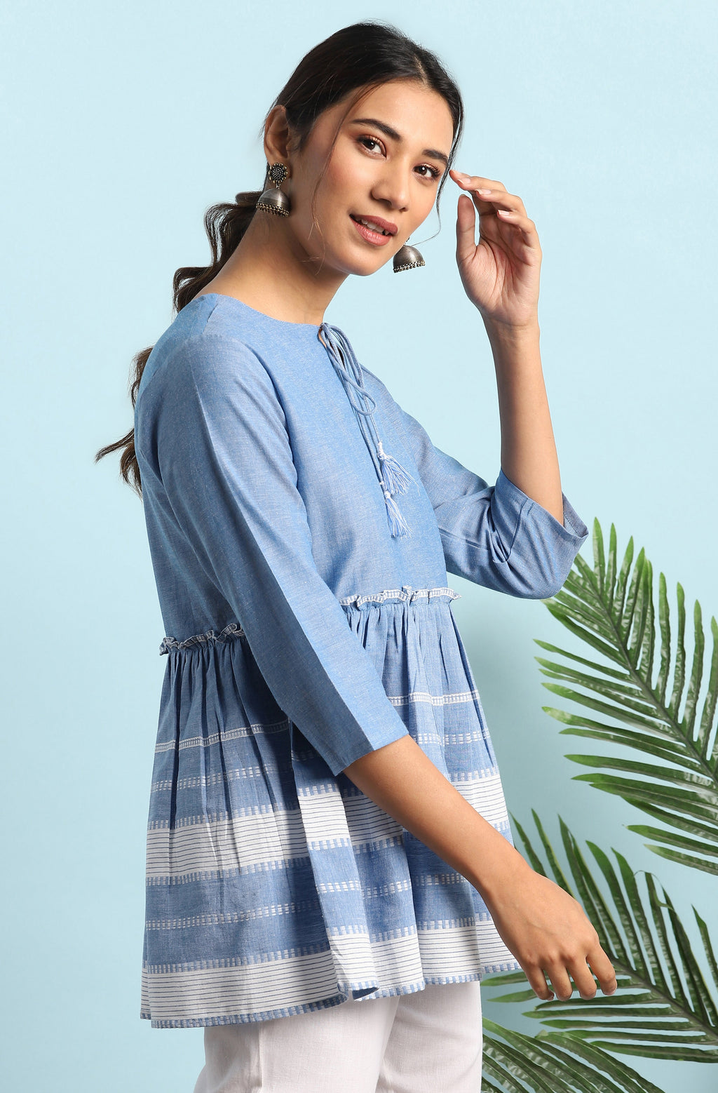 Janasya Women's Blue Cotton Striped Empire Top - Distacart