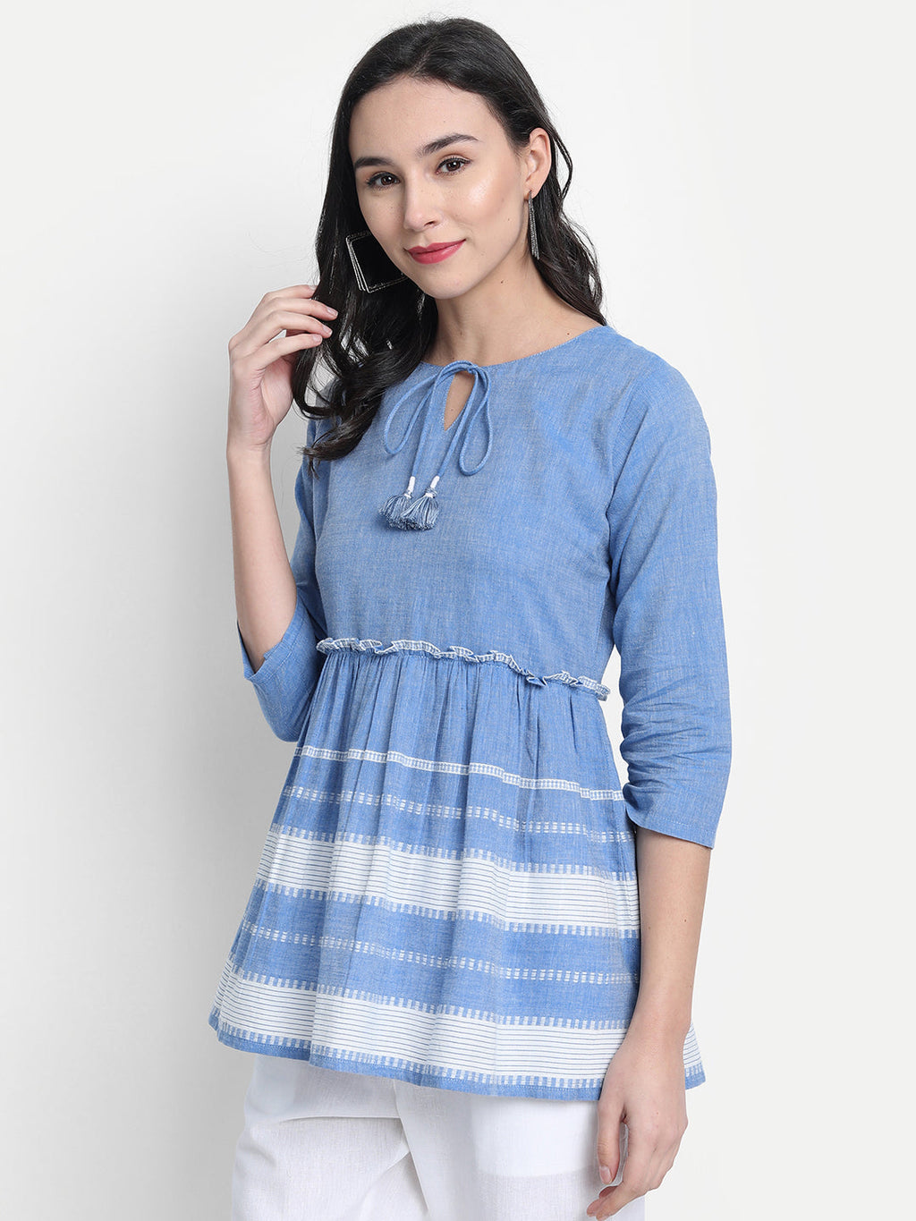 Janasya Women's Blue Cotton Striped Empire Top - Distacart
