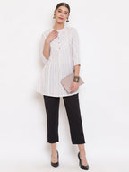Janasya Women's White Cotton Woven Design A-Line Top - Distacart
