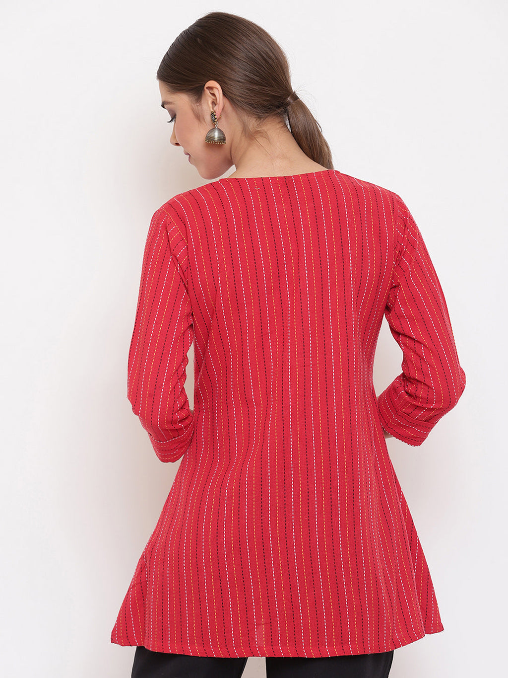 Janasya Women's Red Cotton Woven Design A-Line Top - Distacart