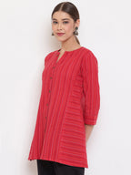 Janasya Women's Red Cotton Woven Design A-Line Top - Distacart
