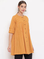 Janasya Women's Mustard Cotton Woven Design Gathered Tunic - Distacart