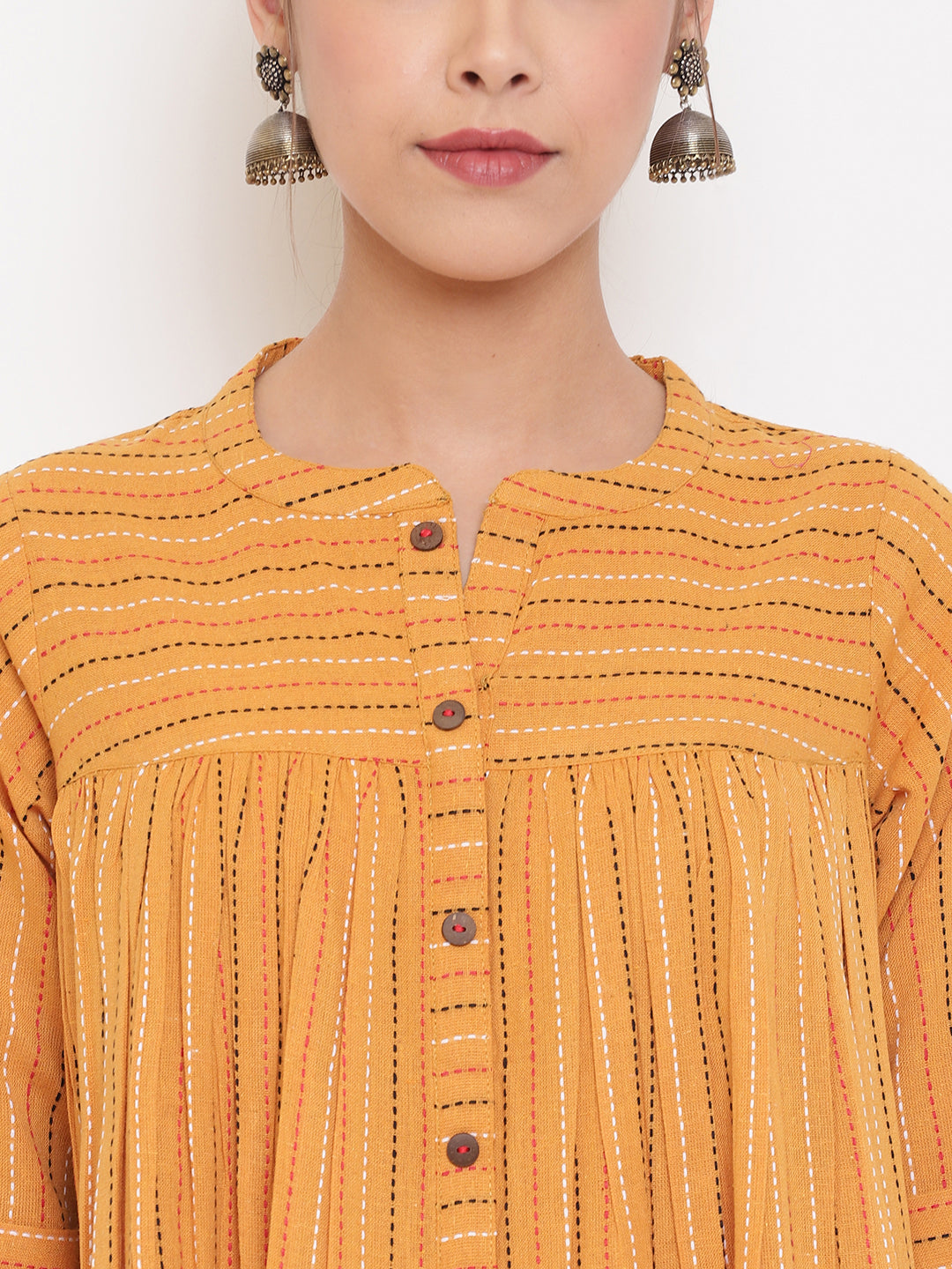Janasya Women's Mustard Cotton Woven Design Gathered Tunic - Distacart
