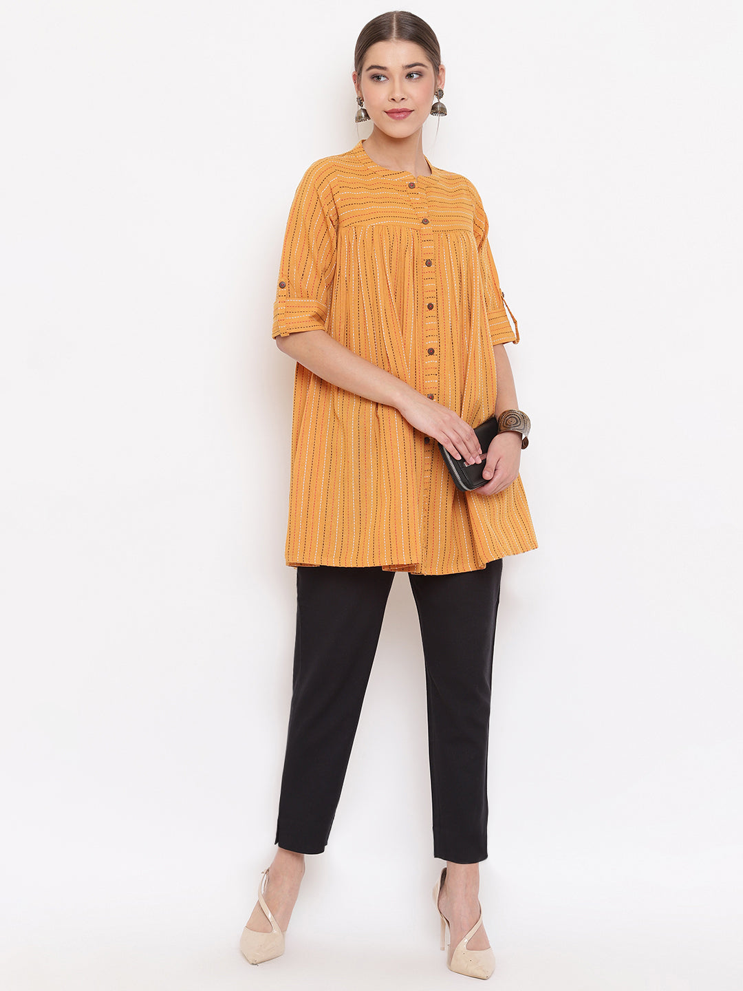 Janasya Women's Mustard Cotton Woven Design Gathered Tunic - Distacart