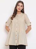 Janasya Women's Cream Cotton Striped Pleated Top - Distacart